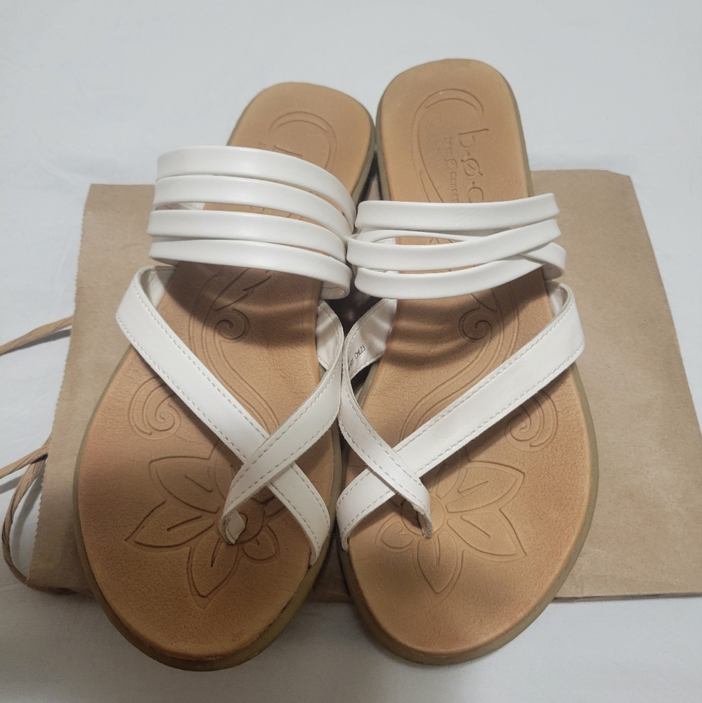 Elegant White and Tan Flat Sandals